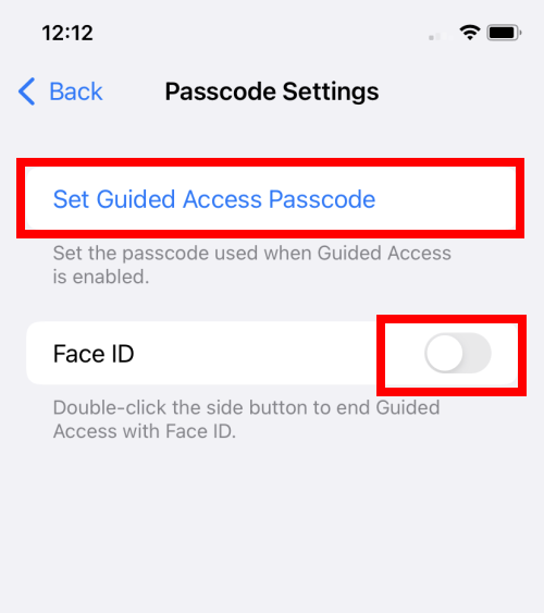Tap Set Guided Access Passcode and enter a six-digit code or tap the Touch ID toggle switch 